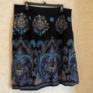Land's End Black with Gold & Blue Damask Wool Skirt Size 14